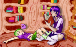 Size: 1086x675 | Tagged: safe, artist:himram, spike, twilight sparkle, human, g4, book, humanized, sleeping