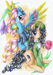 Size: 1639x2312 | Tagged: safe, artist:jedieldaniel, oc, oc only, pegasus, pony, unicorn, bow, clothes, flower, hat, shy, wink