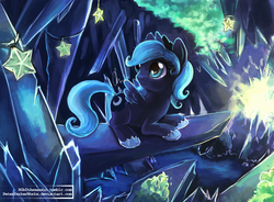 Size: 1339x987 | Tagged: safe, artist:eiolf, princess luna, alicorn, pony, g4, cave, crystal, female, filly, solo, woona, younger