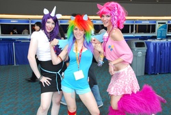 Size: 2896x1944 | Tagged: safe, pinkie pie, rainbow dash, rarity, human, g4, cosplay, irl, irl human, photo