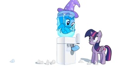 Size: 1024x563 | Tagged: safe, artist:tswt, trixie, twilight sparkle, alicorn, pony, unicorn, g4, :t, clothes, duo, duo female, female, hat, homestar runner, inconvenient trixie, looking at each other, looking down, looking up, mare, simple background, trixie's hat, twilight sparkle (alicorn), wat, water cooler, white background