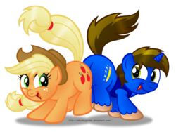 Size: 1024x768 | Tagged: safe, artist:aleximusprime, applejack, oc, pony, unicorn, g4, butt to butt, butt touch, canon x oc, simple background, transparent background