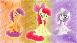 Size: 1366x768 | Tagged: safe, artist:rainbownspeedash, apple bloom, scootaloo, sweetie belle, g4, brushie, cutie mark crusaders, magic, older, wallpaper