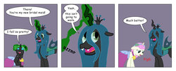 Size: 1024x415 | Tagged: safe, artist:t-brony, queen chrysalis, twinkleshine, changeling, comic:friendship is tragic, g4, bridesmaid dress, clothes, comic, dress, moondancer (tragic)