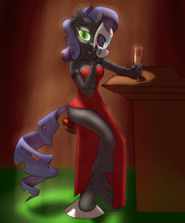 Size: 3326x4000 | Tagged: safe, artist:shdingo, rarity, oc, oc:abraxia, changeling, anthro, g4, alcohol, clothes, dress, drink, female, mask, solo