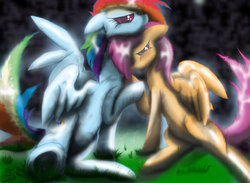 Size: 1043x765 | Tagged: safe, artist:goina, rainbow dash, scootaloo, g4, duo, grass, night, older, older scootaloo, outdoors, sad, sitting