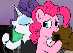 Size: 3000x2200 | Tagged: safe, artist:replaymasteroftime, pinkie pie, rarity, g4, clothes, crying, dress, fanfic, fanfic art, fanfic cover, female, karaoke, lesbian, microphone, ship:raripie, shipping, tears of joy