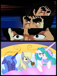 Size: 656x874 | Tagged: safe, artist:equestria-prevails, edit, derpy hooves, princess celestia, princess luna, pegasus, pony, g4, aftersex, bed, bubble pipe, cannot unsee, comic, female, hokuto no ken, implied group sex, implied sex, implied threesome, kenshiro, lesbian, mare, pillow, pipe, ruined for marriage, why