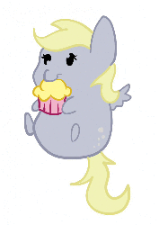 Size: 709x1000 | Tagged: safe, artist:silver1kunai, derpy hooves, pegasus, pony, g4, animated, chibi, chubby, female, mare, muffin, solo