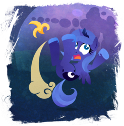 Size: 901x916 | Tagged: safe, artist:rariedash, princess luna, alicorn, pony, banana peel, butt, cute, cutie mark, d:, female, filly, frown, hooves, horn, lineless, mare, not safe for woona, open mouth, plot, slipping, solo, spread wings, this will end in tears, wide eyes, wings, woona