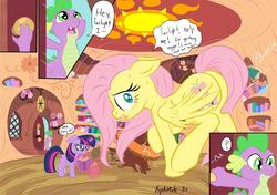 Size: 1075x756 | Tagged: safe, artist:kyokimute, fluttershy, spike, twilight sparkle, pony, g4, book, butt, dialogue, door, funny, giant pony, giantess, golden oaks library, growth, macro, magic, plot, spell gone wrong