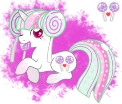 Size: 550x466 | Tagged: dead source, safe, artist:suzuii, oc, oc only, pony, unicorn, candy, food, lollipop, solo, wink
