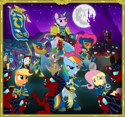 Size: 4594x4307 | Tagged: safe, artist:athos01, applejack, caramel, doctor whooves, fluttershy, pinkie pie, queen chrysalis, rainbow dash, rarity, spike, time turner, twilight sparkle, changeling, cyborg, pony, g4, absurd resolution, armor, bipedal, canterlot, crossover, fight, hive tyrant, hormagaunt, mane seven, mane six, marneus calgar, moon, night, party cannon, ponified, power armor, powered exoskeleton, purity seal, red changeling, space marine, tyranids, ultramarine, warhammer (game), warhammer 40k