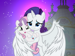 Size: 3000x2250 | Tagged: safe, artist:beavernator, rarity, sweetie belle, alicorn, pony, g4, alicornified, bandage, bridal carry, carrying, female, holding a pony, injured, large wings, lidded eyes, race swap, raricorn, siblings, sisters, story in the source, wings