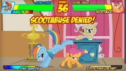 Size: 700x394 | Tagged: safe, mayor mare, rainbow dash, scootaloo, fighting is magic, g4, goggles, scootabuse denied, show accurate, street fighter, trophy