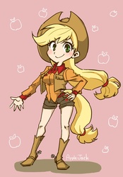 Size: 850x1219 | Tagged: safe, artist:rin-kai, applejack, human, g4, clothes, cowboy vest, female, humanized, pixiv, shorts, solo, spurs, tailed humanization