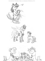 Size: 1000x1375 | Tagged: safe, artist:baron engel, apple bloom, applejack, granny smith, oc, g4, clothes, monochrome, morning ponies, pencil drawing, sketch dump, table, traditional art