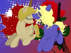 Size: 1032x774 | Tagged: safe, artist:connynee, pegasus, pony, unicorn, canada, eiffel tower, france, gay, hetalia, kissing, male, ponified, shipping