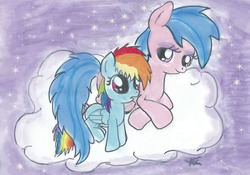 Size: 1218x853 | Tagged: safe, artist:149bonnie149, firefly, rainbow dash, pegasus, pony, g1, g4, cloud, female, filly, firefly as rainbow dash's mom, foal, g1 to g4, generation leap, mare, mother and child, mother and daughter, on a cloud, sitting, sitting on a cloud, younger