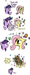 Size: 774x1920 | Tagged: safe, artist:horsejokes, fluttershy, twilight sparkle, butterfly, g4, :t, animal, carrying, comic, context is for the weak, cute, dialogue, empty eyes, floppy ears, frown, grimcute, i must go, lepidopterophobia, open mouth, scared, smiling, wat, wide eyes