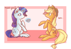 Size: 3634x2500 | Tagged: safe, artist:psychobanana-arts, applejack, rarity, pony, g4, balancing, cup, cute, dialogue, magic, open mouth, ponies balancing stuff on their nose, silly, silly pony, sitting, smiling, tea, teacup, telekinesis