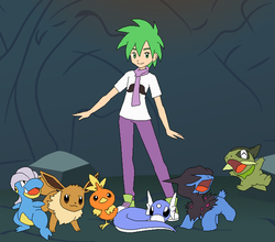 Size: 657x579 | Tagged: safe, artist:selenaede, spike, axew, bagon, deino, dratini, eevee, human, torchic, g4, crossover, humanized, male, pokémon