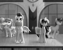 Size: 1000x800 | Tagged: safe, artist:chryseum, flash sentry, twilight sparkle, alicorn, pony, g4, 2013, adventure in the comments, cute, disney, female, folder, grayscale, hilarious in hindsight, magic, male, mare, monochrome, mouth hold, notebook, paperman, parody, ship:flashlight, shipping, smiling, straight, telekinesis, train station, twilight sparkle (alicorn), waiting
