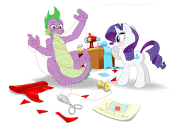 Size: 1200x855 | Tagged: safe, artist:pia-sama, rarity, spike, pony, unicorn, g4, blushing, female, male, mare, older, older spike, scissors, sewing machine, ship:sparity, shipping, straight, thread