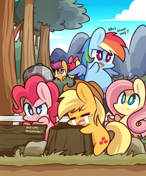 Size: 1000x1200 | Tagged: safe, artist:php56, apple bloom, applejack, bloomberg, fluttershy, pinkie pie, rainbow dash, scootaloo, earth pony, pegasus, pony, g4, apple bloom's bow, applejack's hat, bow, chibi, cowboy hat, crying, crying on the outside, detective, fallen tree, female, filly, hair bow, hat, implied cutie mark crusaders, mare, question mark, sherlock holmes, tree, yay