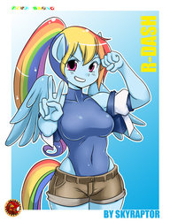 Size: 800x1040 | Tagged: safe, artist:skyraptor, rainbow dash, anthro, g4, ambiguous facial structure, belly button, breasts, busty rainbow dash, clothes, female, jacket, leotard, peace sign, ponytail, shorts, smiling, solo, swimsuit