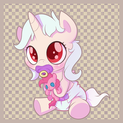 Size: 1000x1000 | Tagged: safe, artist:cuddlehooves, pinkie pie, oc, oc only, alicorn, pony, g4, alicorn oc, baby, blushing, colored pupils, diaper, foal, pacifier, plushie, poofy diaper, solo