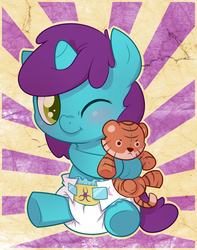 Size: 789x1000 | Tagged: safe, artist:cuddlehooves, oc, oc only, oc:vitriol ink, baby, diaper, foal, poofy diaper, solo