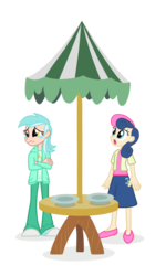Size: 1512x2520 | Tagged: safe, artist:thecheeseburger, bon bon, lyra heartstrings, sweetie drops, human, g4, swarm of the century, clothes, crying, duo, duo female, female, humanized, scene interpretation, simple background, table, transparent background