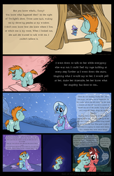 Size: 1950x3000 | Tagged: safe, artist:smudge proof, snips, trixie, oc, oc:tails, earth pony, pony, unicorn, comic:heads and tails, g4, magic duel, abstract patterns, colt, comic, crying, featureless crotch, female, filly, fisheye, fisheye lens, flashback, floppy ears, hug, male, mare, ponyville, puppy dog eyes, trio