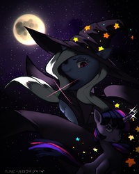 Size: 2300x2876 | Tagged: safe, artist:mokscha, trixie, twilight sparkle, pony, unicorn, g4, backlighting, dark, duo, female, full moon, mare, moon, night, profile, starry night, stars, unicorn twilight