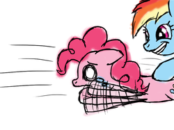 Size: 782x584 | Tagged: safe, artist:kristelpokemonfan, pinkie pie, rainbow dash, g4, crying, dragging, flailing, floppy ears, grin, imminent tickles, open mouth, out of context, smiling, wide eyes