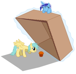 Size: 1600x1575 | Tagged: safe, artist:infernaldalek, minuette, sunshower raindrops, pegasus, pony, unicorn, g4, box, muffin, prank, simple background, transparent background