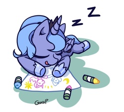 Size: 800x723 | Tagged: safe, artist:grasspainter, princess luna, g4, crayon, cute, drawing, eyes closed, female, filly, prone, sleeping, smiling, solo, woona, zzz