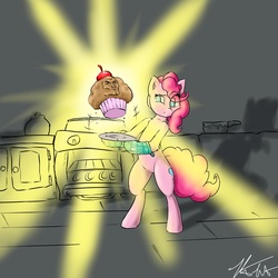 Size: 2800x2800 | Tagged: dead source, safe, artist:captainpudgemuffin, pinkie pie, oc, oc:captainpudgemuffin, pony, g4, baking, bipedal, face, food, glowing, manly, muffin, oven, oven mitts, wat
