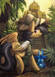 Size: 572x800 | Tagged: safe, artist:kenket, artist:spainfischer, daring do, pegasus, pony, g4, bandage, butt, female, injured, jungle, mare, plot, pyramid, sapphire statue, solo