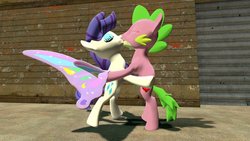 Size: 1280x720 | Tagged: safe, rarity, spike, pony, unicorn, g4, 3d, duo, female, glimmer wings, gmod, kiss on the lips, kissing, male, mare, ponified spike, ship:sparity, shipping, stallion, straight, winged