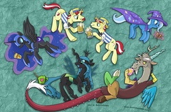 Size: 968x635 | Tagged: safe, artist:spainfischer, discord, flam, flim, nightmare moon, queen chrysalis, trixie, pony, g4, antagonist, cup, cup art, drink, flim flam brothers, sketch dump