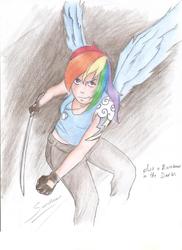 Size: 1700x2338 | Tagged: safe, artist:sundown, rainbow dash, human, g4, female, humanized, solo, sword, weapon, winged humanization