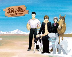Size: 1280x1024 | Tagged: safe, edit, silver spoon, chicken, cow, horse, human, pig, g4, anime, gin no saji, pun