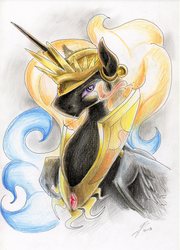 Size: 2473x3433 | Tagged: safe, artist:dragonademetal, nightmare star, princess celestia, alicorn, pony, g4, corrupted, crown, female, helmet, jewelry, nightmarified, peytral, princess, regalia, solo, sombra eyes, traditional art