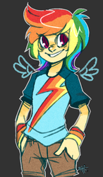 Size: 467x800 | Tagged: safe, artist:drunkenfist, rainbow dash, human, g4, female, humanized, light skin, solo, winged humanization