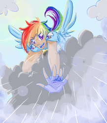 Size: 737x849 | Tagged: safe, artist:himram, rainbow dash, human, g4, clothes, cloud, cloudy, female, fingerless gloves, gloves, humanized, low angle, moderate dark skin, rain, solo, winged humanization