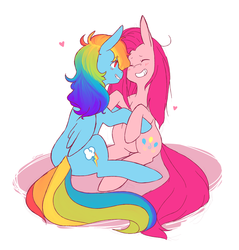 Size: 1280x1341 | Tagged: dead source, safe, artist:chiptoony, pinkie pie, rainbow dash, earth pony, pegasus, pony, g4, blushing, eyes closed, female, heart, lesbian, mare, ship:pinkiedash, shipping, sitting, smiling