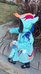 Size: 564x1000 | Tagged: safe, artist:teacupdinosaur, rainbow dash, human, g4, clothes, cosplay, craft, customized toy, irl, irl human, jacket, photo, solo, target demographic