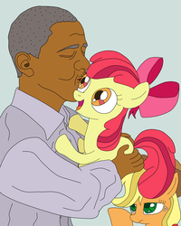 Size: 600x750 | Tagged: safe, artist:lycanianspike, apple bloom, applejack, earth pony, human, pony, g4, barack obama, female, filly, foal, holding, kissing, mare, president, united states, wat